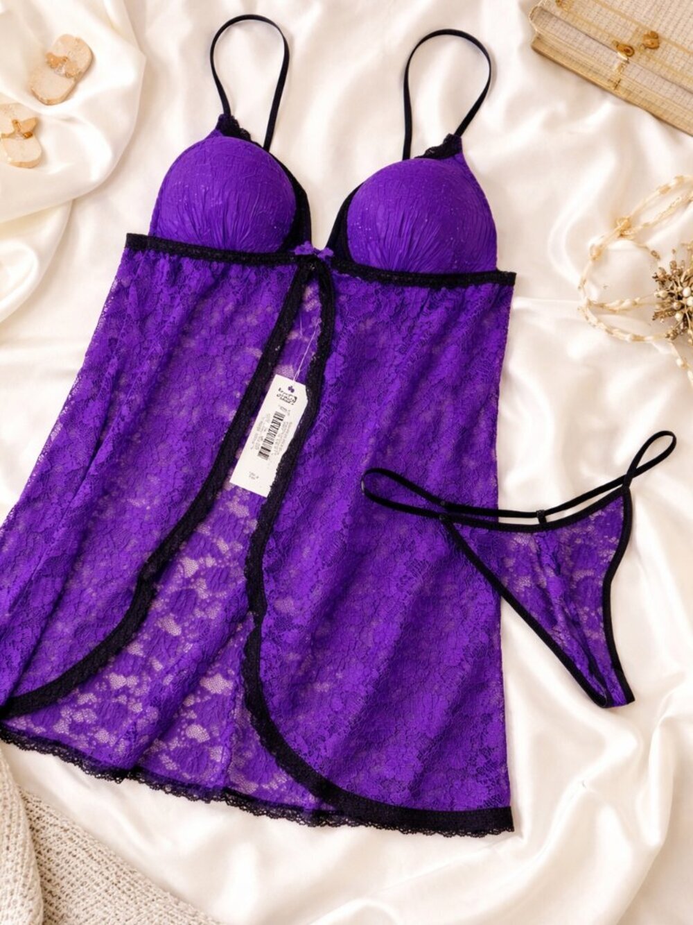 Apt 9 Purple Lace Babydoll Lingerie Set Sheer Floral Large NWT